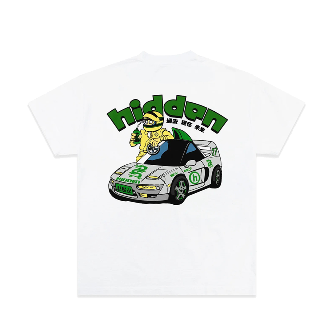 Hidden NY Car Graphic Tee White Racing Driver Logo T-Shirt Front & Back