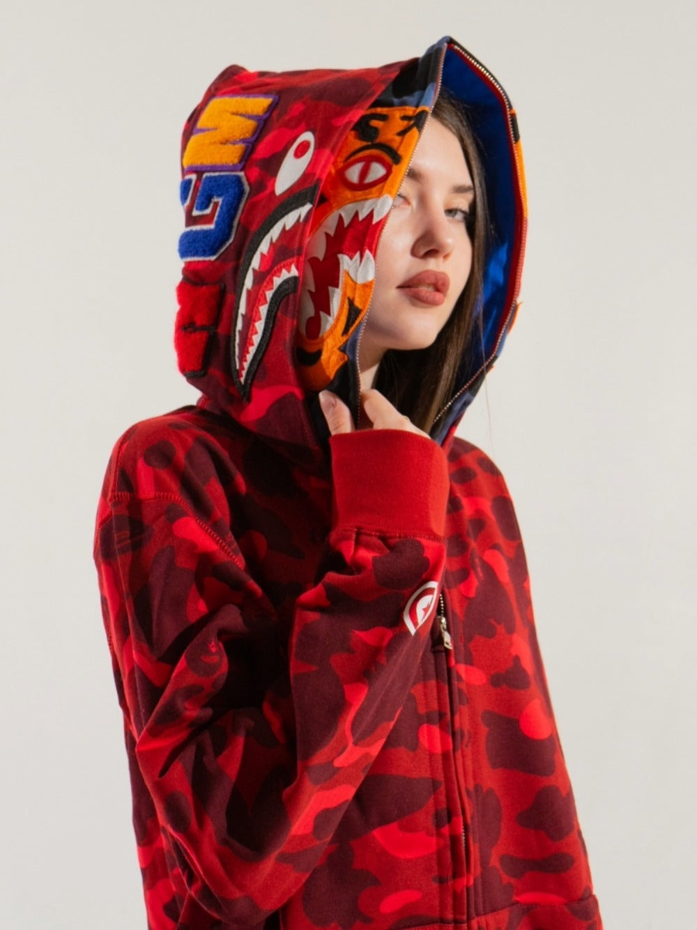 BAPE Color Camo Tiger Shark Wide Full Zip Double Hoodie 'Red'