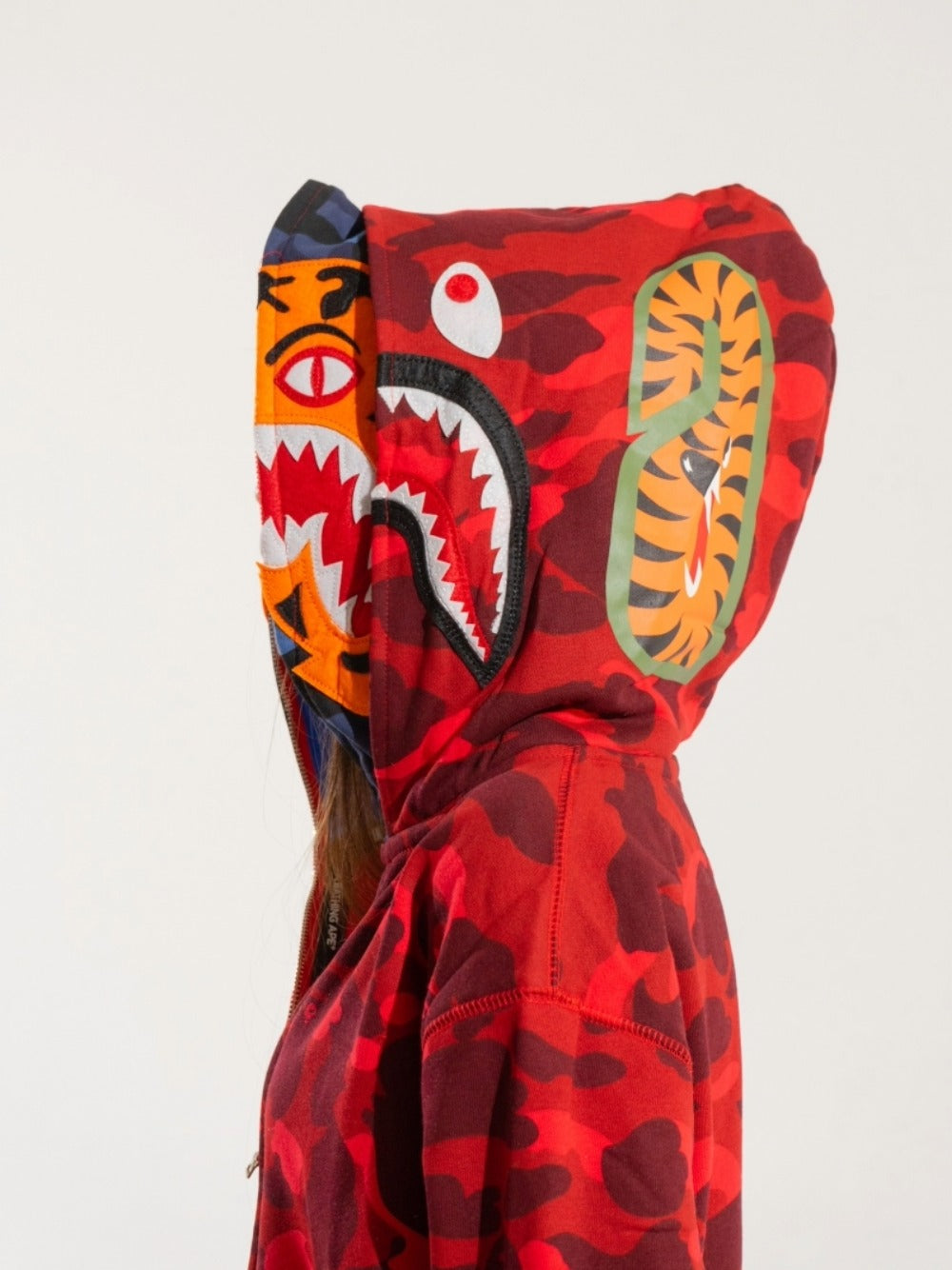 BAPE Color Camo Tiger Shark Wide Full Zip Double Hoodie 'Red'
